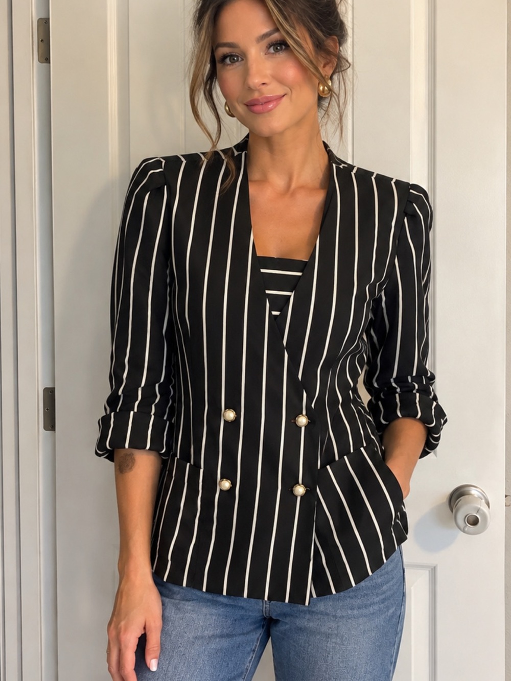 Women's Black & White Pinstripe Double-Breasted Blazer blouse
